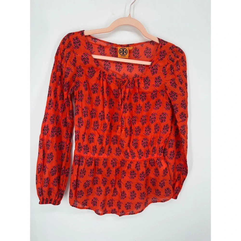 Tory Burch Blouse Women Size 0 Orange Floral Tassel Peplum Cotton Top